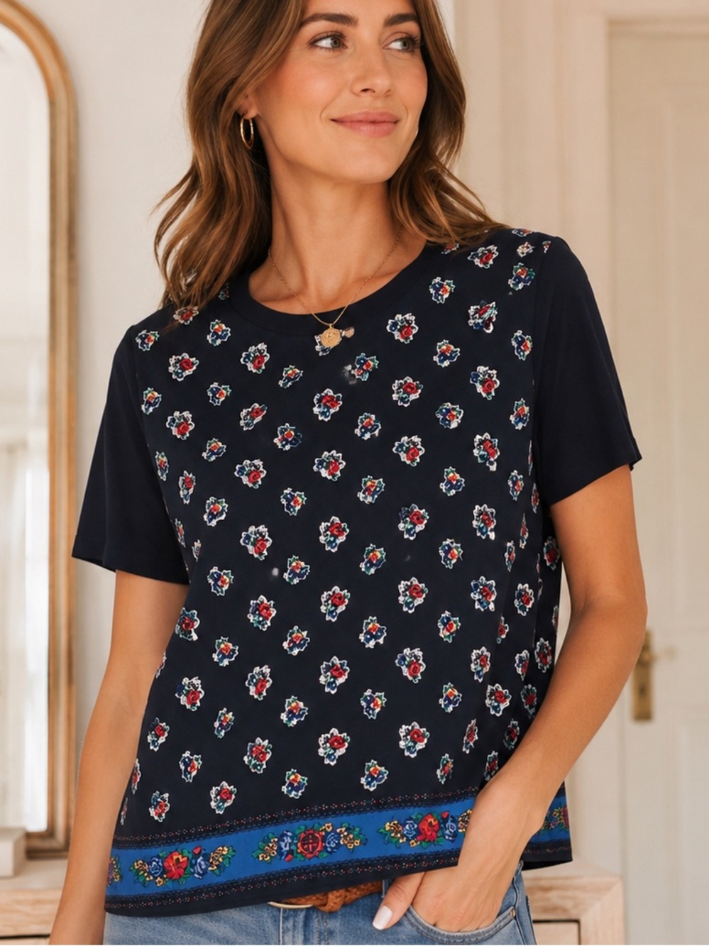 Tory Burch 100% Silk & Merino Wool Ditsy Floral Folk Art Border Top Size L